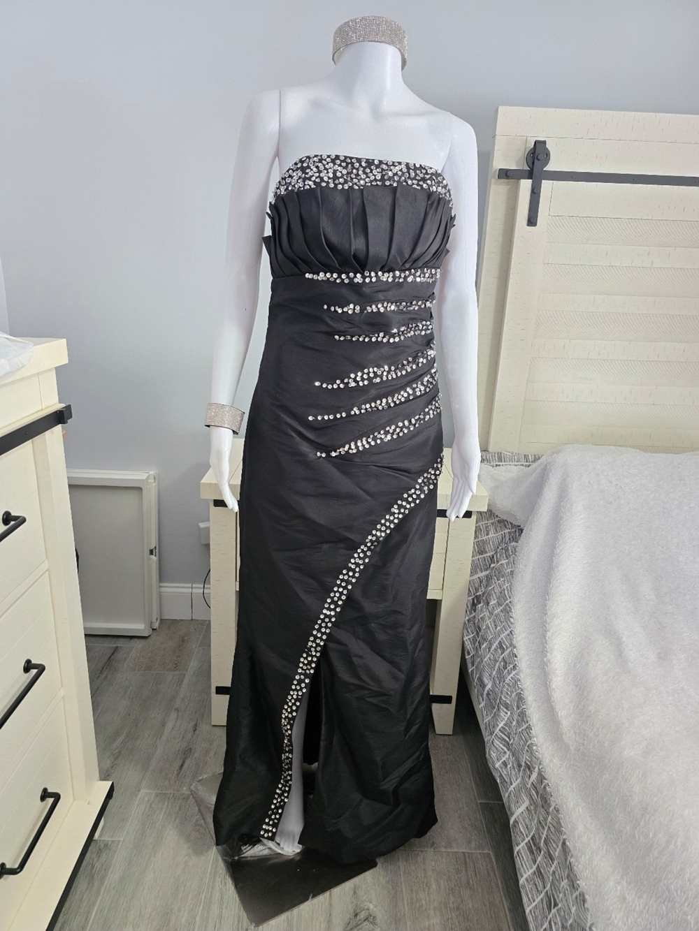 Strapless Black Evening Gown with Crystal Accents